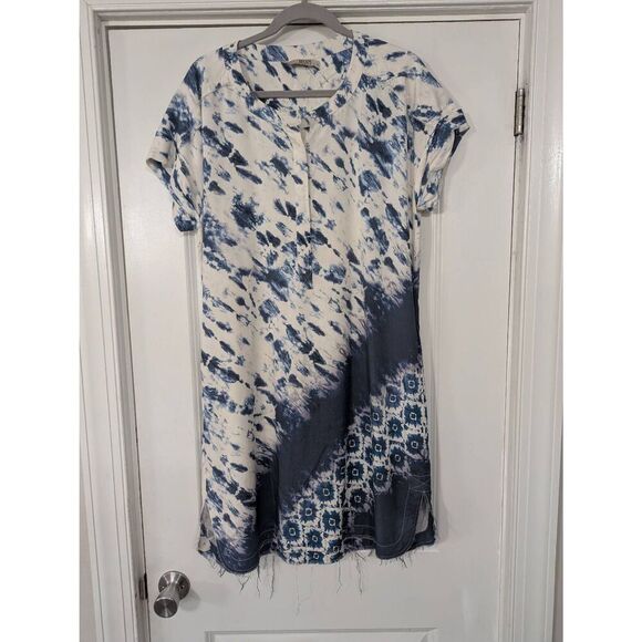 Go by Go Silk Shift‎ Dress women's medium blue tie dye washable frayed elegant - Picture 1 of 8